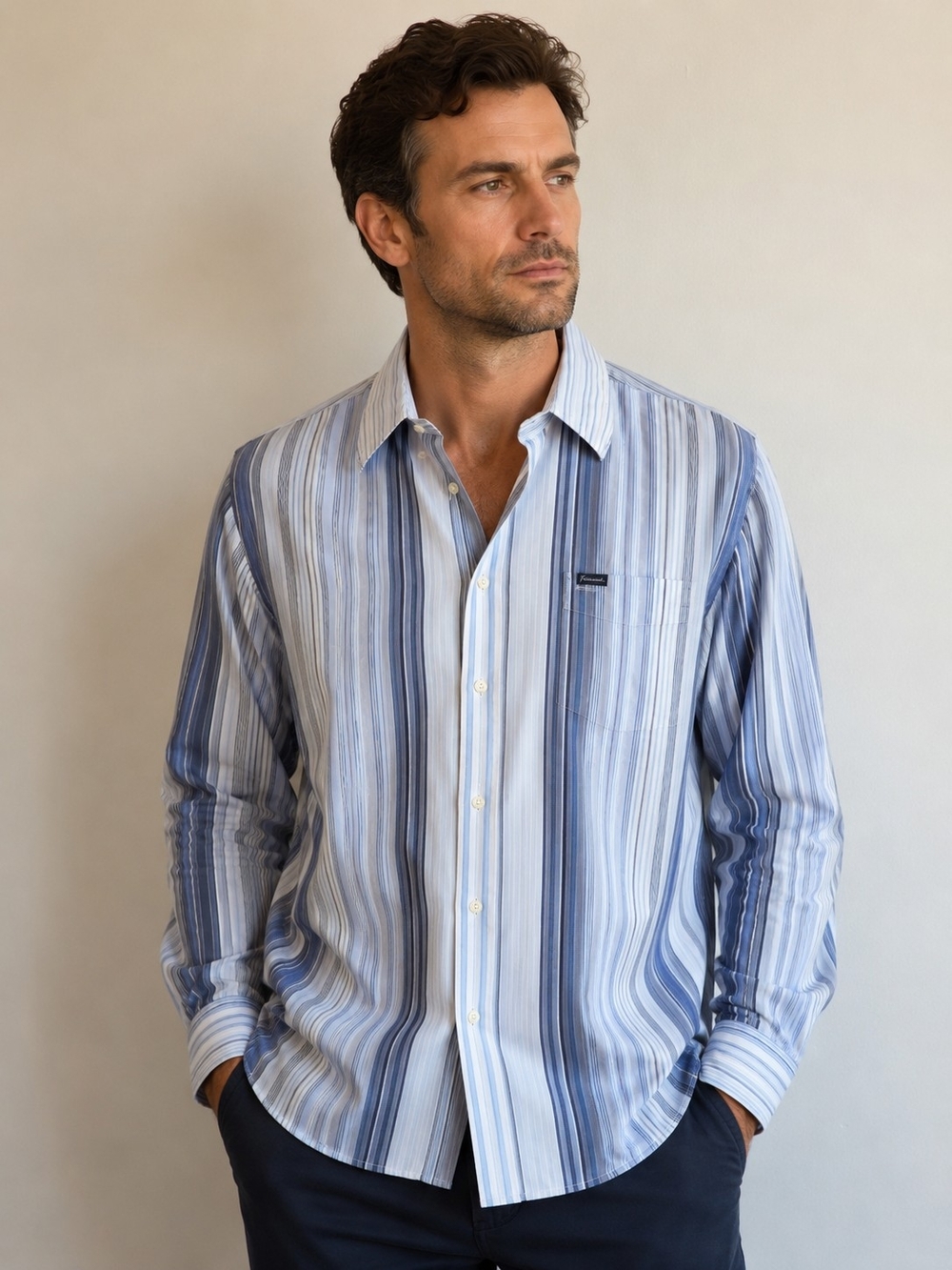 Faconnable Classic Fit Blue Striped Button-Up Dress Shirt Men's XL